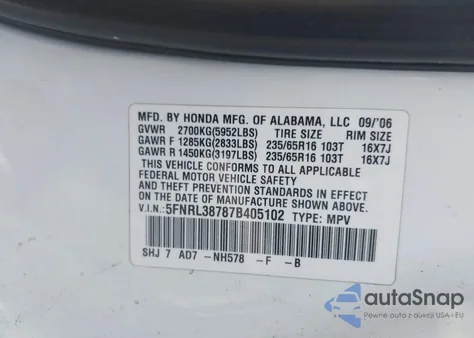 2007 Honda Odyssey Ex-L из США, поврежденный, VIN 5FNRL38787B405102